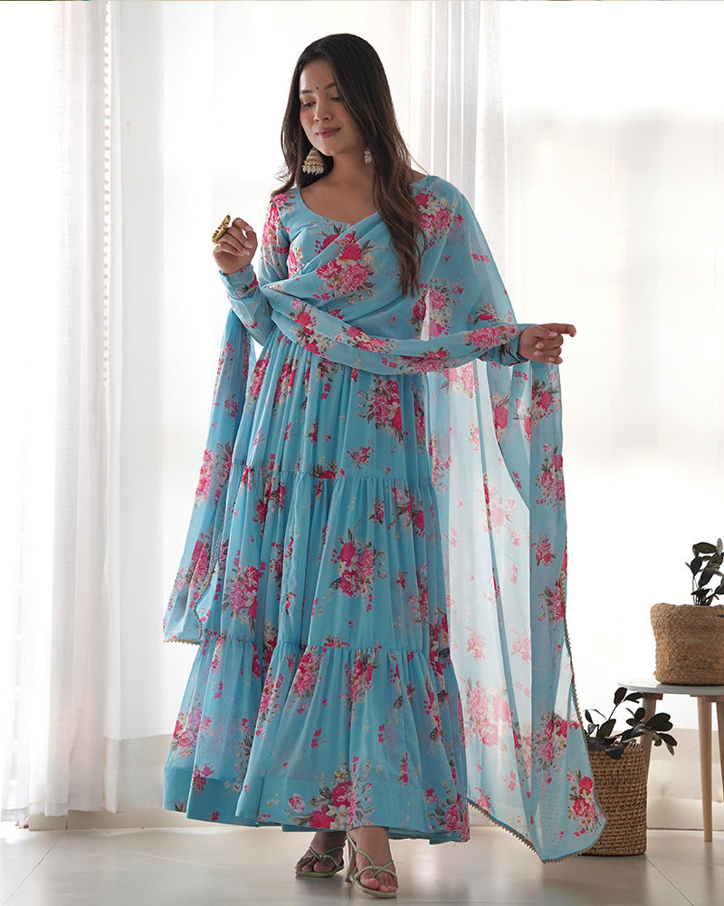 Sky Blue Color Georgette Three Layer Ruffle Style Anarkali Suit
