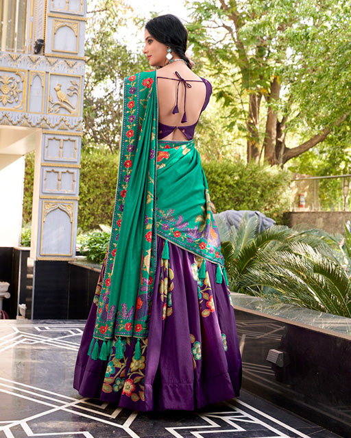 Purple Color Tussar Silk Printed With Foil Work Lehenga Choli