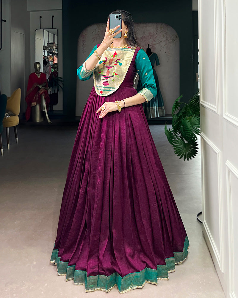 Wine Color Vichitra Silk Zari Weaving Gown