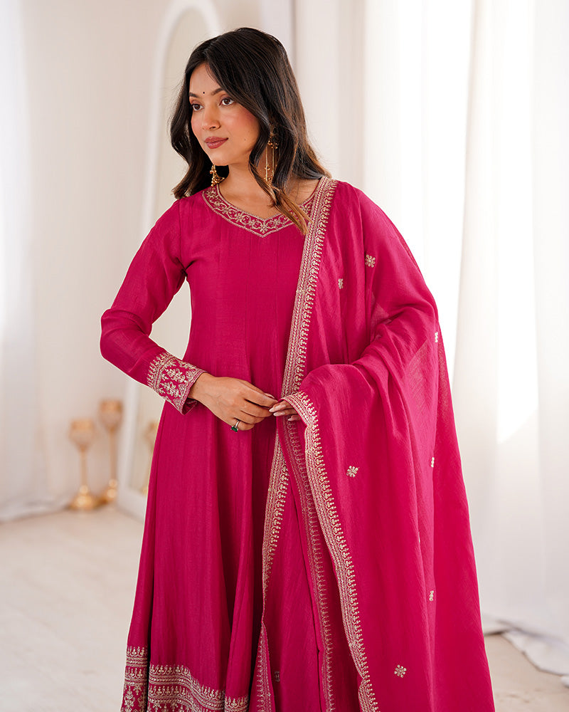 Rani Pink Color Blooming Vichitra Silk Anarkali Suit