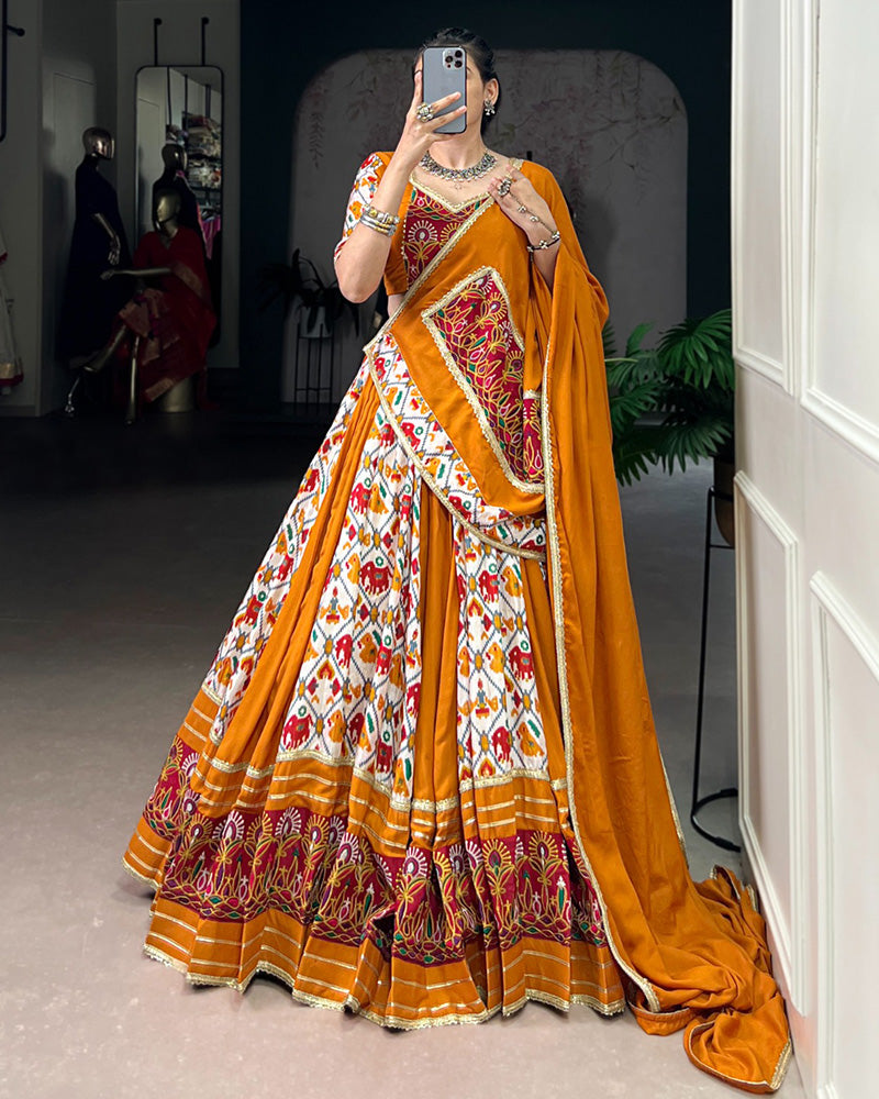 Mustard Color Pure Rayon Printed Silk Navratri Lehenga