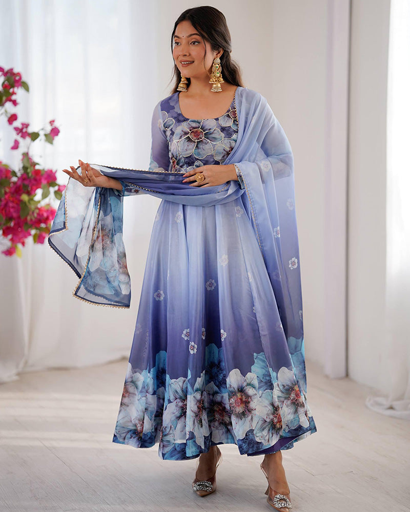 Navy Blue Floral Print Organza Three Piece Anarkali Suit