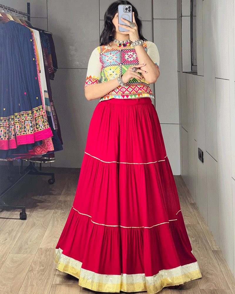 White And Gajari Pink Color Rayon cotton Navratri Lehenga Set