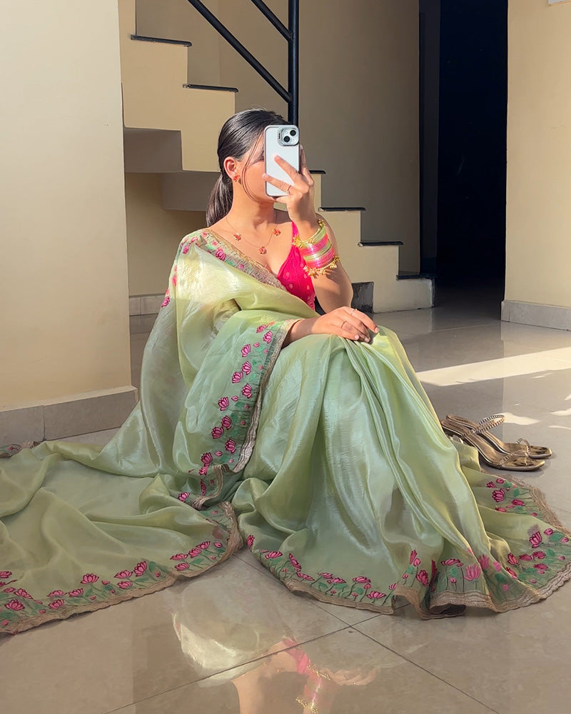 Parrot Green Color Chiffon Embroidered Saree