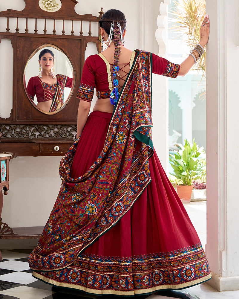 Red Color Tussar Silk Full Stitched Navratri Lehenga Choli