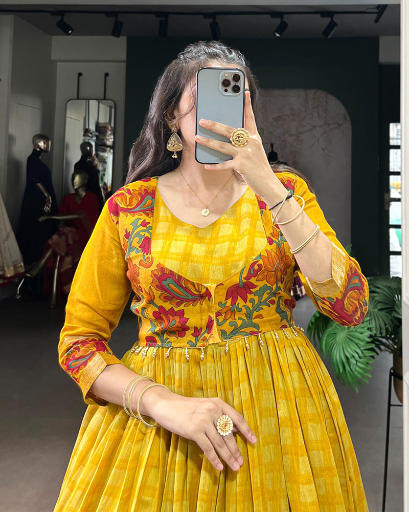 Mustard Color Viscose Chanderi Printed Gown