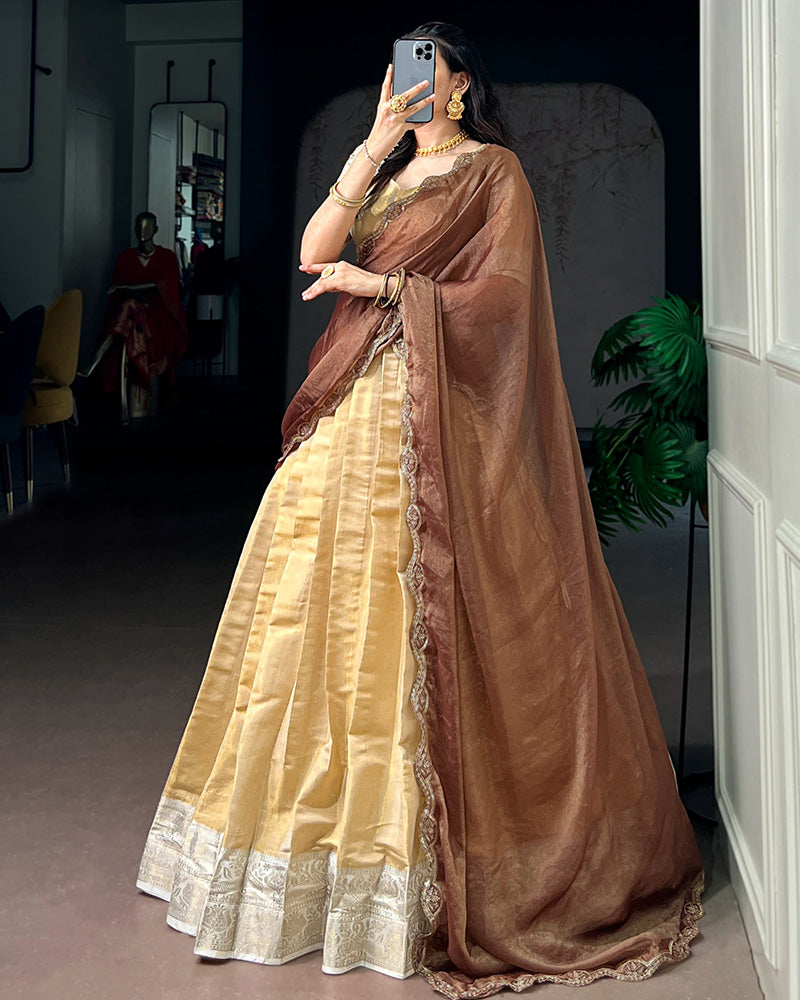 South Indian Style Cream Color Kanchipuram Half Saree