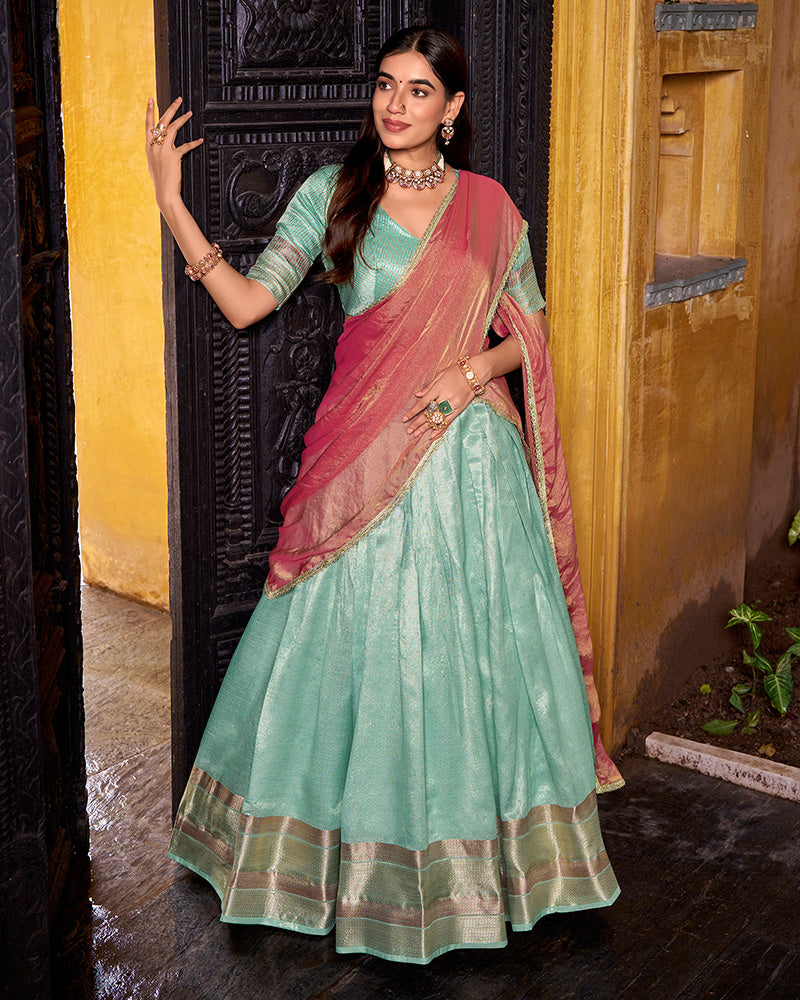 Sky Blue Color Dupion Silk Zari Weaving Half Saree