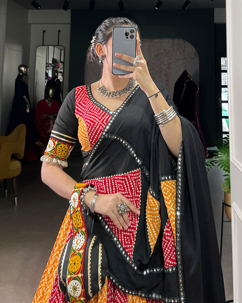 Red And Yellow Bandhej And Ajarakh Print Rayon Navratri Lehenga Choli