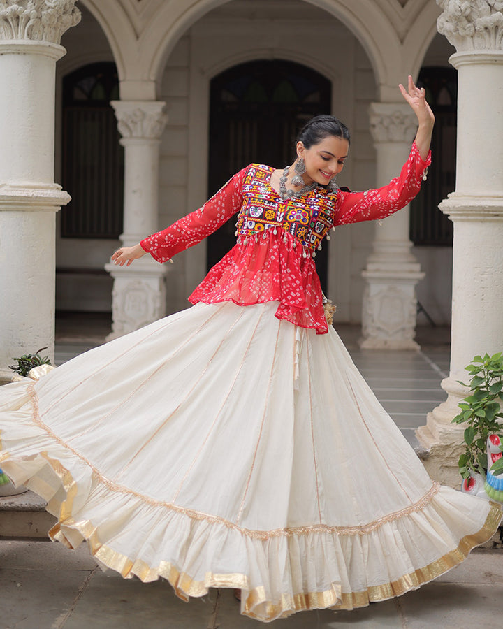 Vibrant Gamthi Work Red Kediya With Off-White Traditional Lehenga