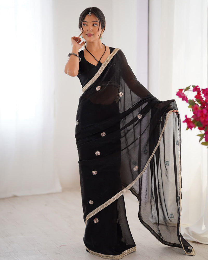 Black Color Smooth Fandy Embroidered Saree