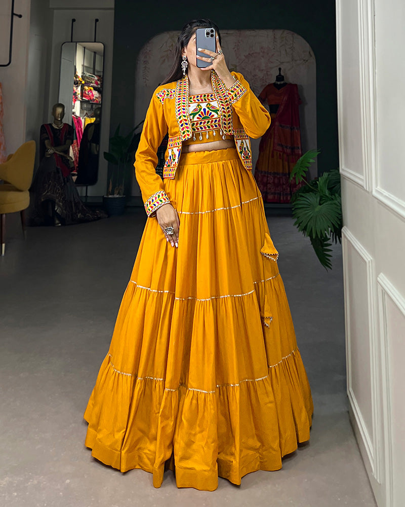 Mustard Color Pure Rayon Gamthi Navratri Lehenga Choli