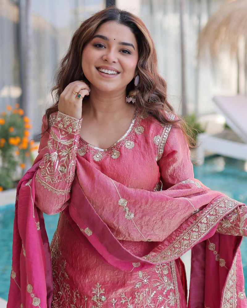 Peach Color Fendi Crush Embroidered Plazzo Suit