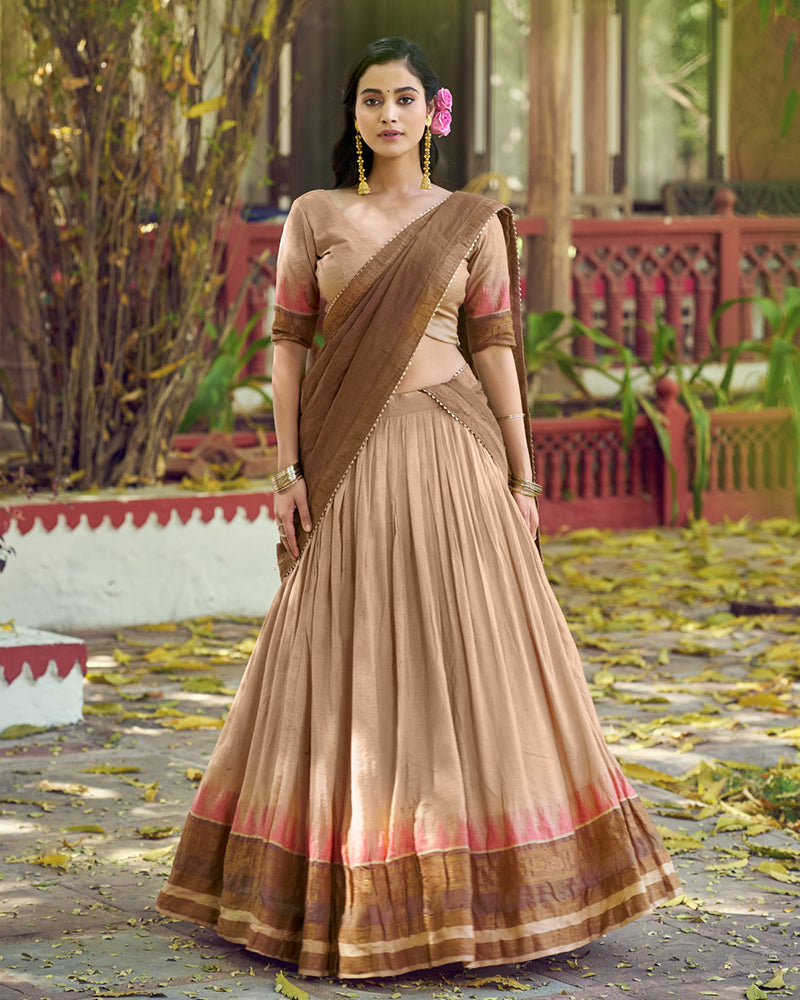 Cream Color Poly Dyeable Zari Weaving Half Saree