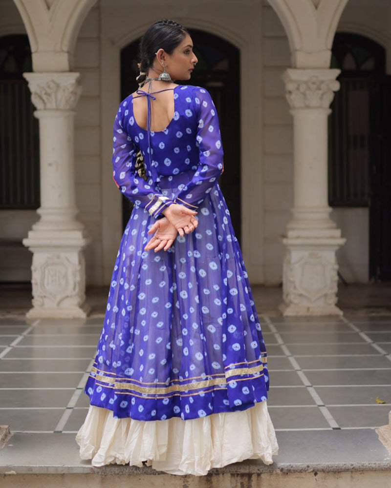 Blue Color Bandhani Print Kurti With Kora Cotton Lehenga