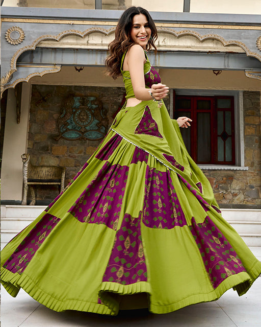 Traditional Parrot Green Color Rayon Navratri Lehenga Choli