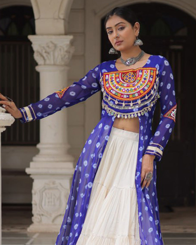 Blue Color Bandhani Print Kurti With Kora Cotton Lehenga