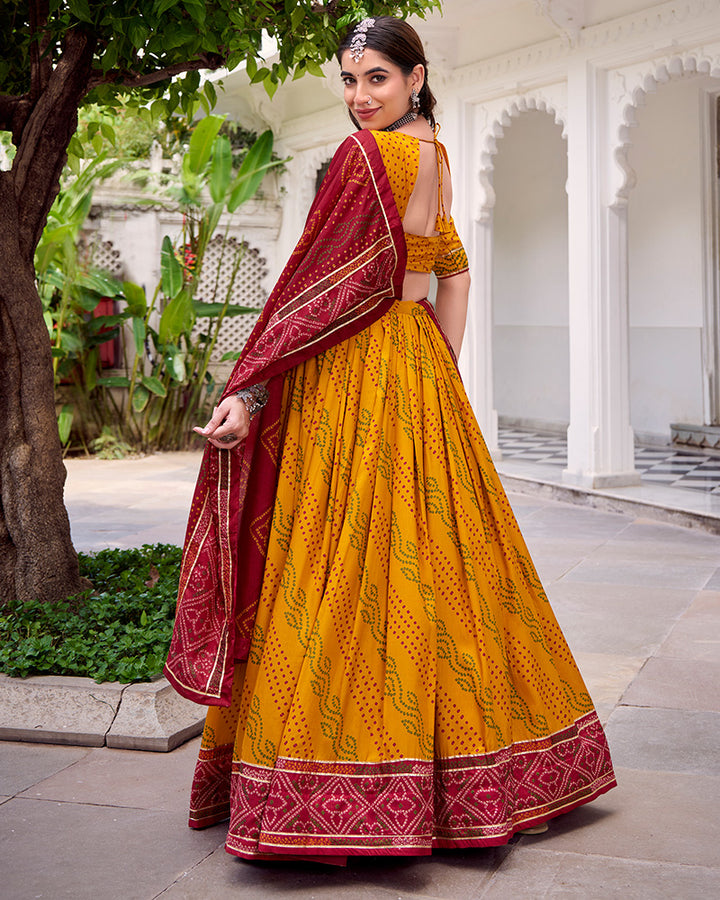 Elegant Yellow Color Tussar Silk Bandhej Navratri Lehenga Choli