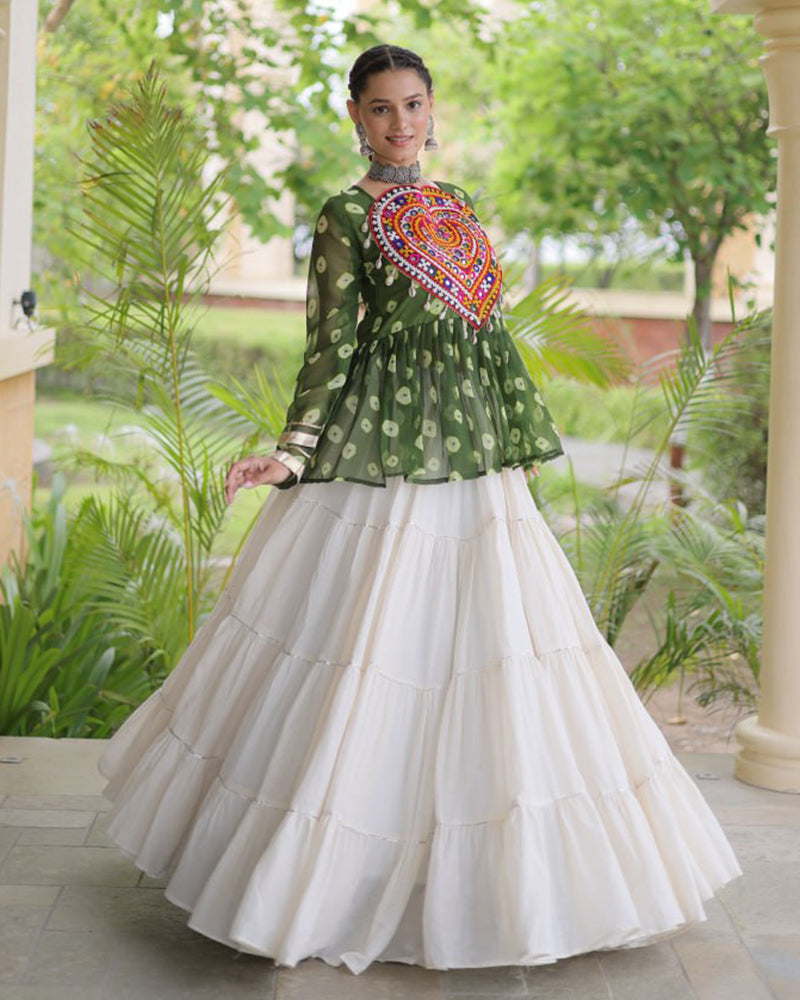 Parrot Green Color Bandhani Printed With Kora Cotton Navratri Lehenga Set