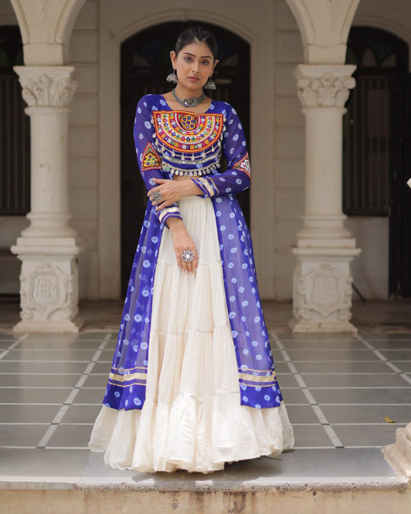 Blue Color Bandhani Print Kurti With Kora Cotton Lehenga