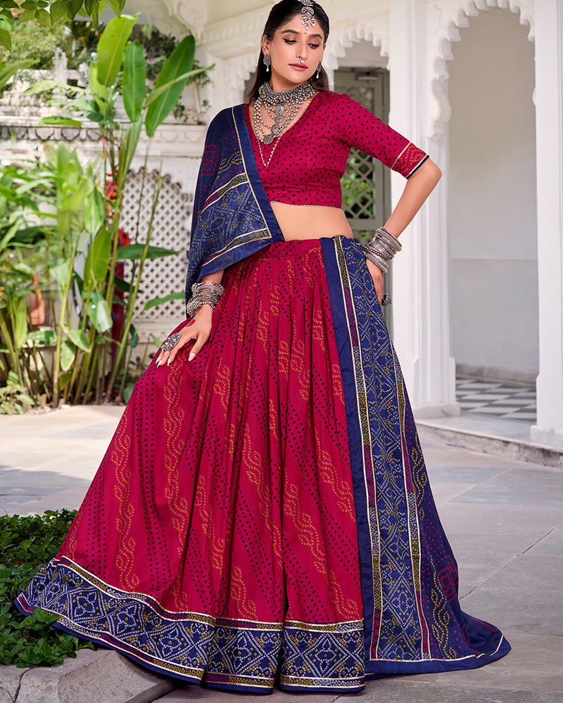 Elegant Pink Color Tussar Silk Bandhej Navratri Lehenga Choli