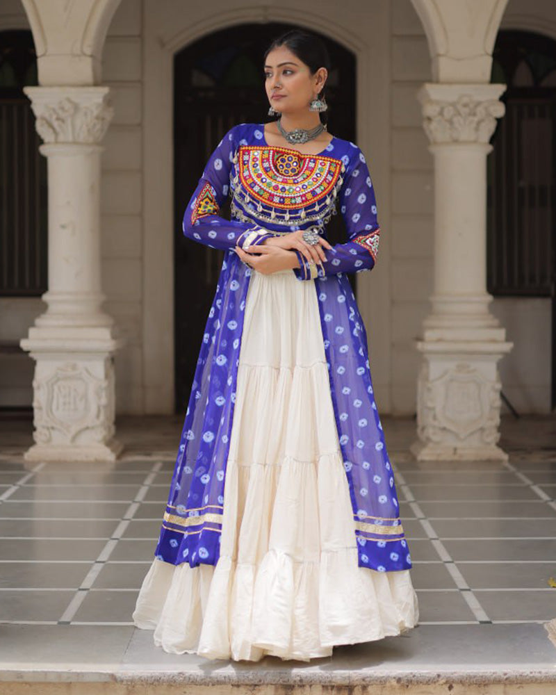 Blue Color Bandhani Print Kurti With Kora Cotton Lehenga