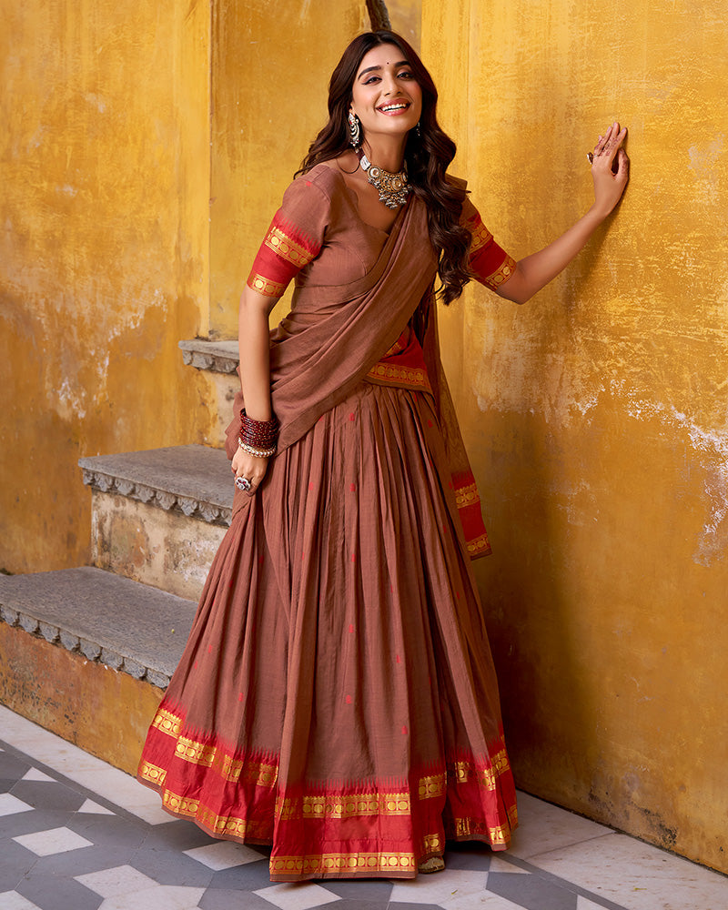 Elegant Brown Pure Chanderi Half Saree With Zari Weaving