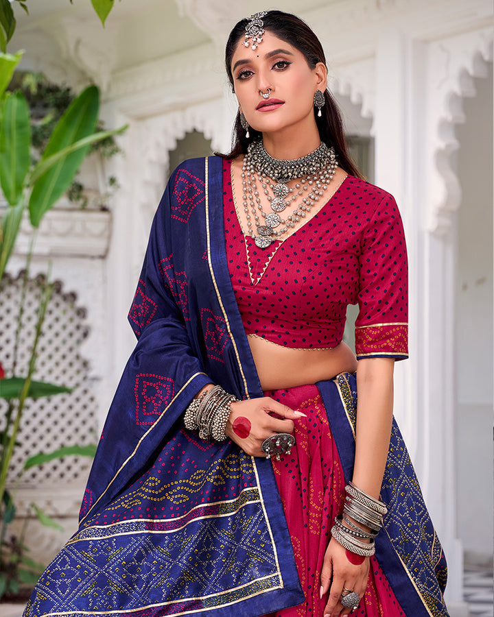 Elegant Pink Color Tussar Silk Bandhej Navratri Lehenga Choli