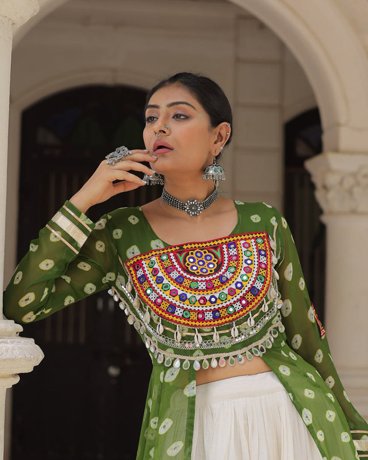 Parrot Green Color Bandhani Print Kurti With Kora Cotton Lehenga