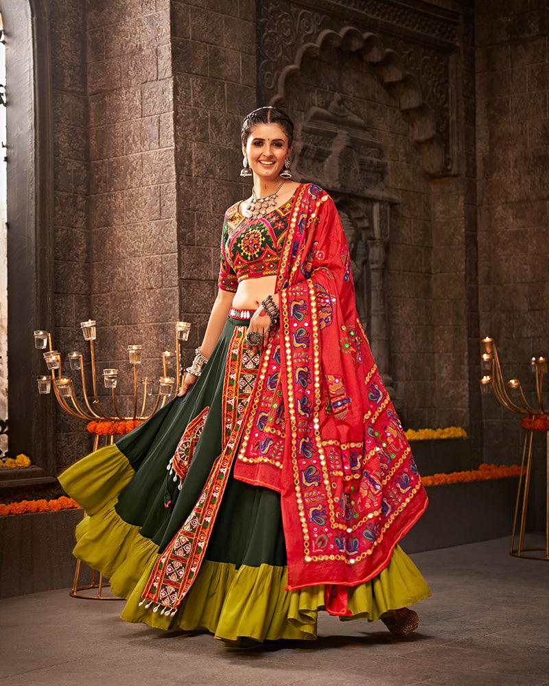 Dark Green Color Viscose Rayon Thread With Mirror Work Navratri Lehenga Choli