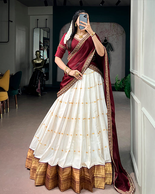 White Color Silk Cotton Zari Weaving Half Saree