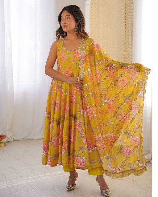 Yellow Color Pure Muslin Cotton Three Piece Anarkali Suit