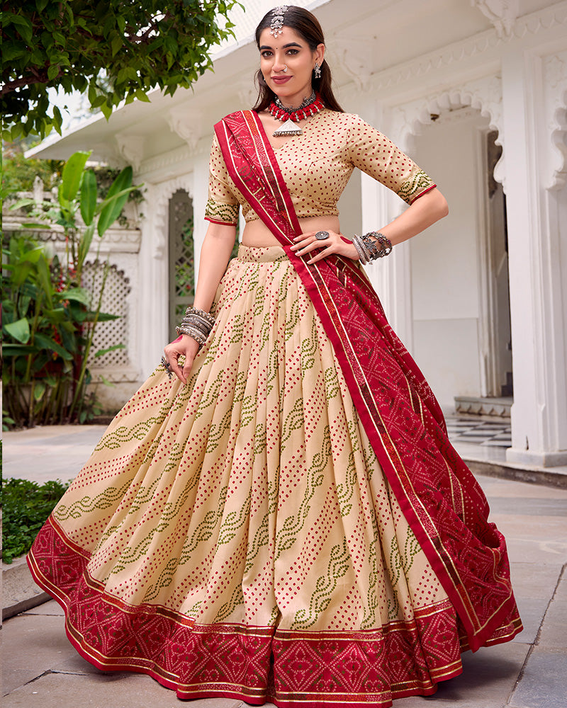 Elegant Off-White Color Tussar Silk Bandhej Navratri Lehenga Choli