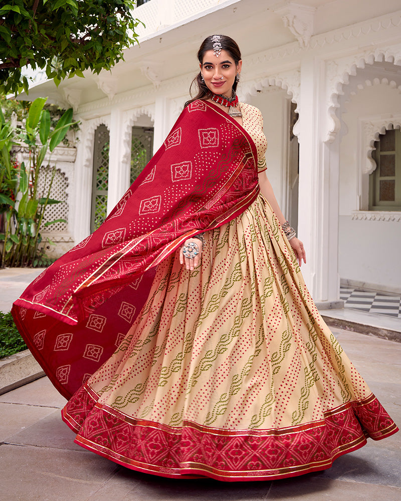 Elegant Off-White Color Tussar Silk Bandhej Navratri Lehenga Choli