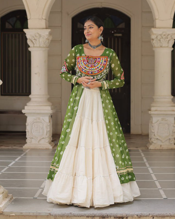 Parrot Green Color Bandhani Print Kurti With Kora Cotton Lehenga