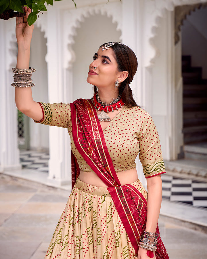 Elegant Off-White Color Tussar Silk Bandhej Navratri Lehenga Choli