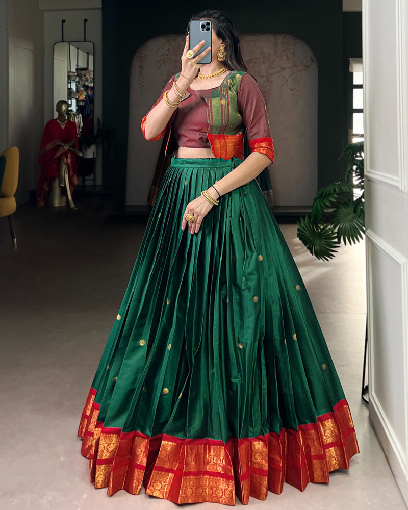 Green Color Poly Cotton Zari Weaving Lehenga Choli
