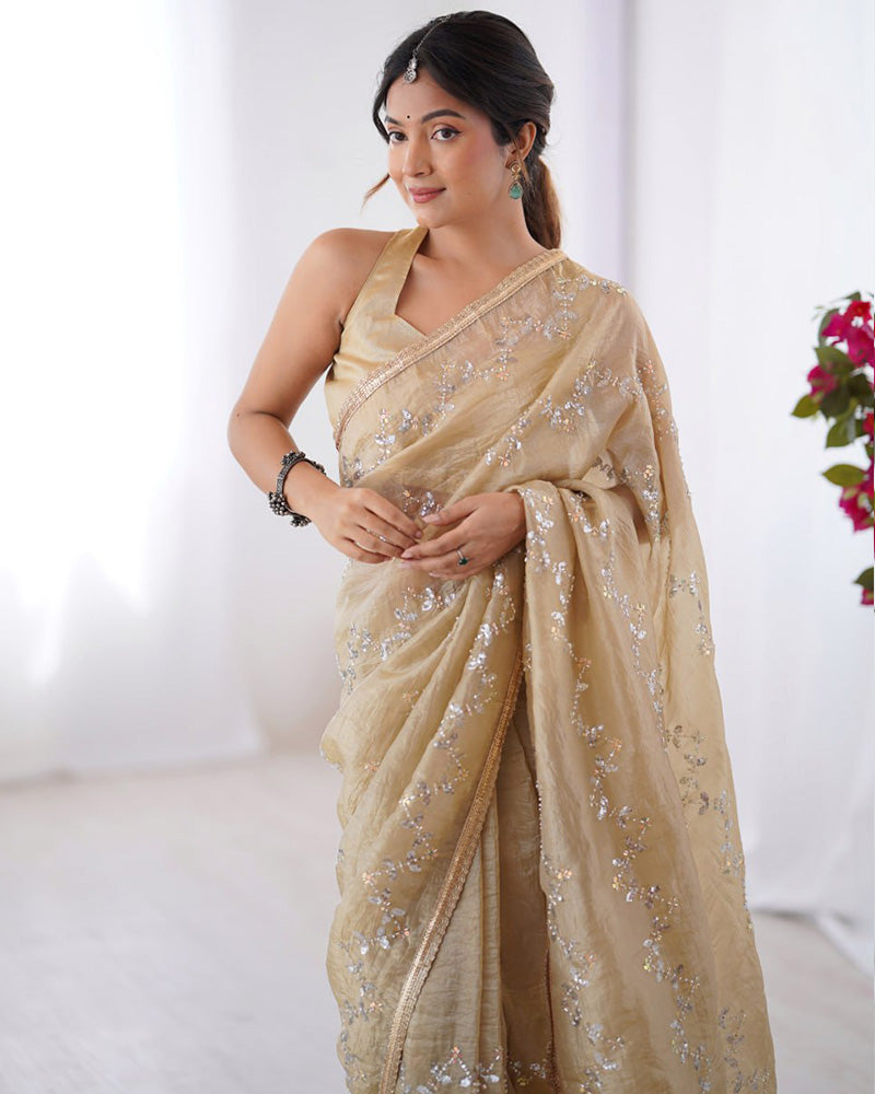 Cream Color Smooth Gold Crush Embroidered Saree