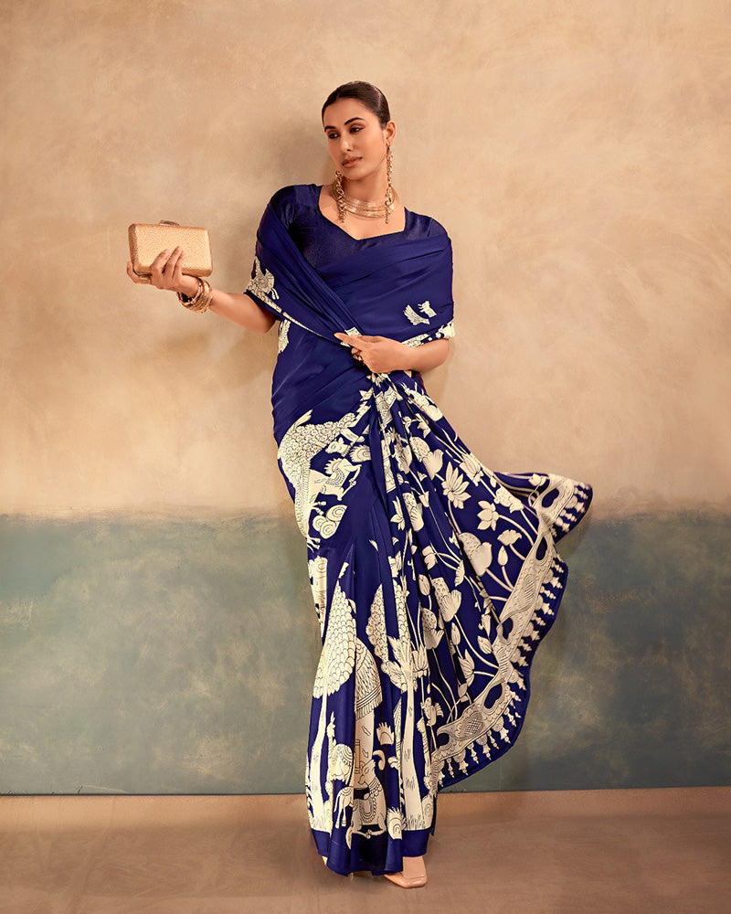 Navy Blue Color Satin Silk Kalamkari Printed Saree