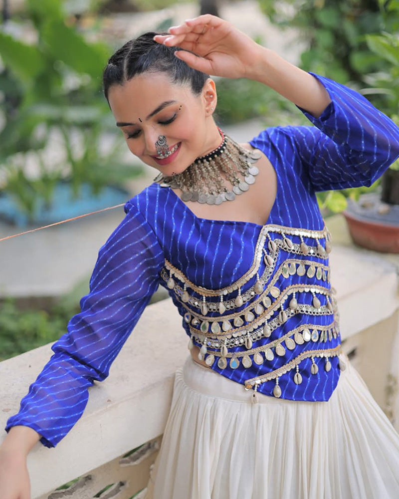 Royal Blue Color Laheriya Print Kurti With Kora Cotton Lehenga