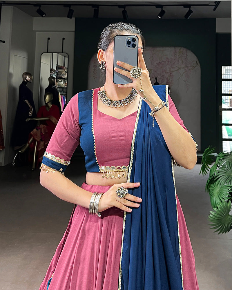 Elegant Dusty Pink Color Pure Rayon Navratri Lehenga Choli