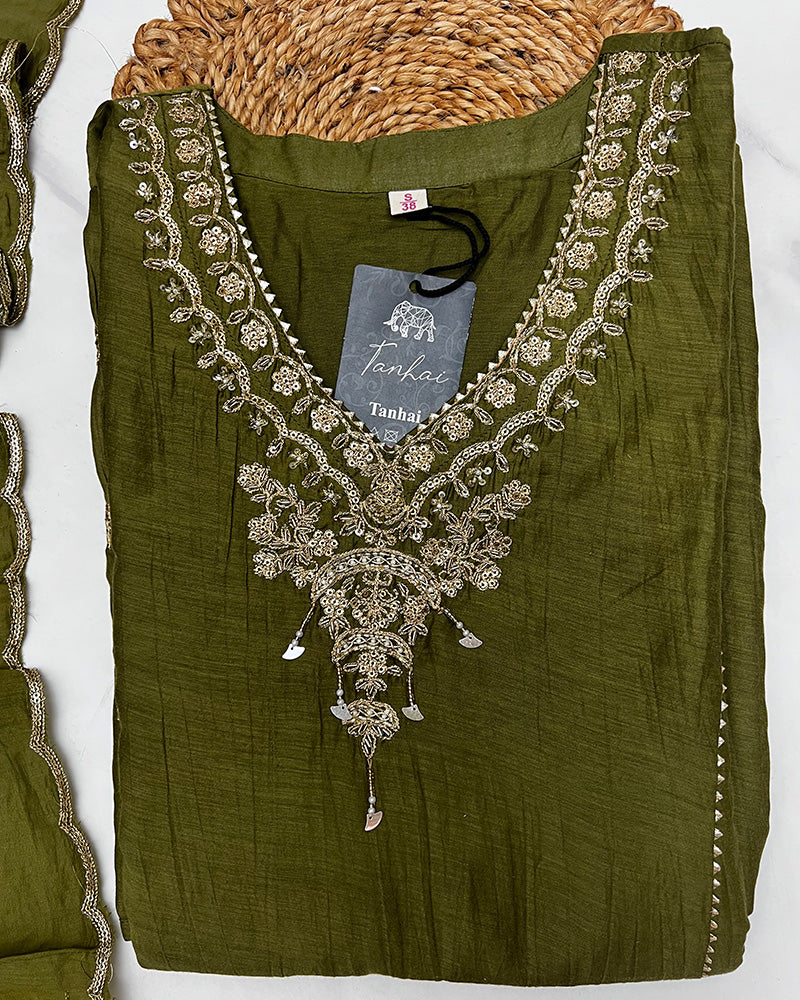 Mehndi Color Mal Cotton Three Piece Kurti Suit