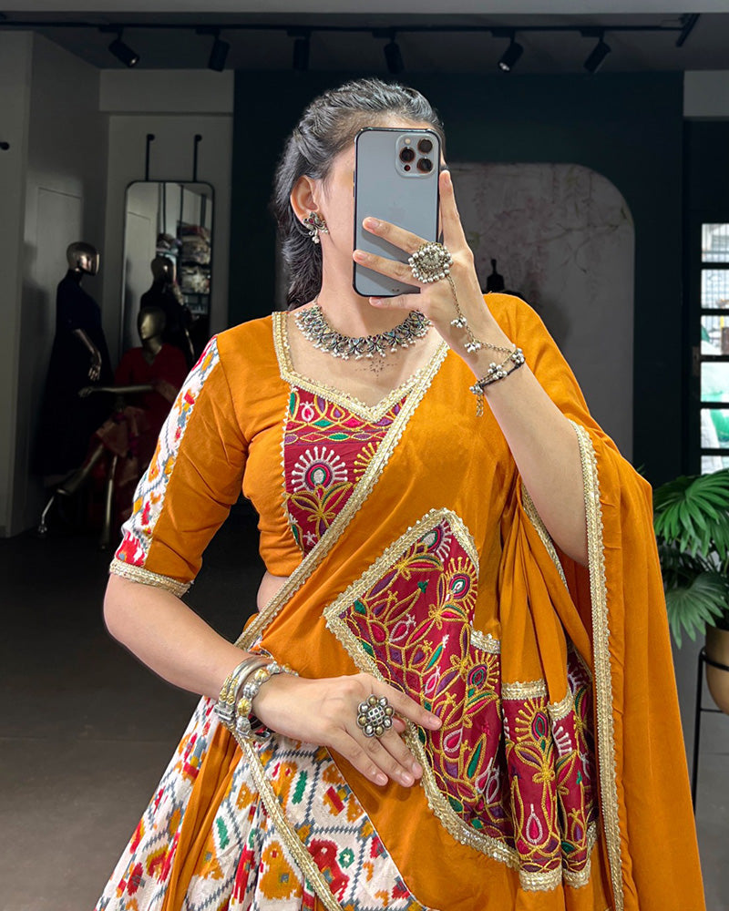 Mustard Color Pure Rayon Printed Silk Navratri Lehenga