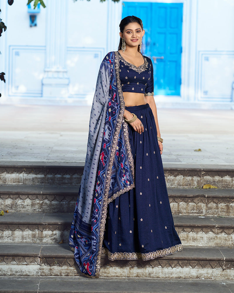 Premium Navy Blue Embroidered Vichitra Silk Lehenga Choli
