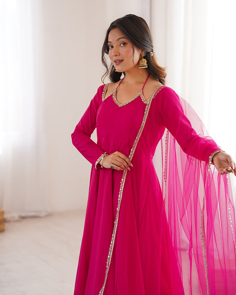 Rani Pink Color Chanderi Roman Silk Three Piece Anarkali Suit