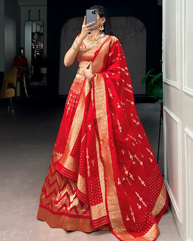 Red Color Banarasi Silk Zari Weaving Lehenga Choli
