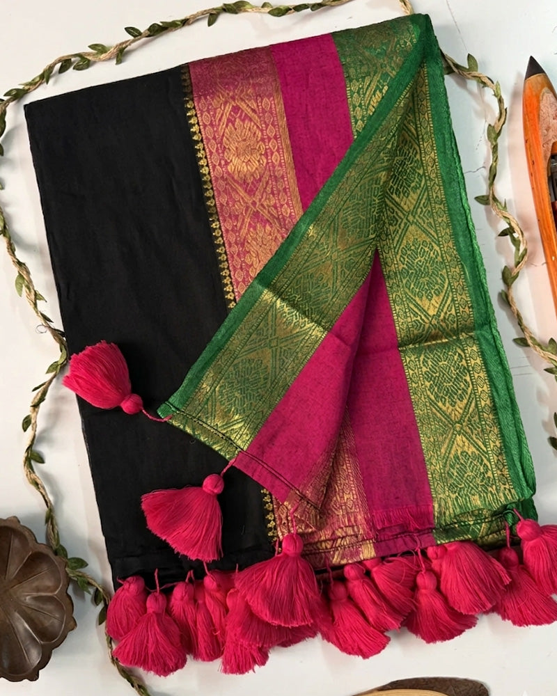 Elegance Black Color Mal Cotton Kanchivaram Saree