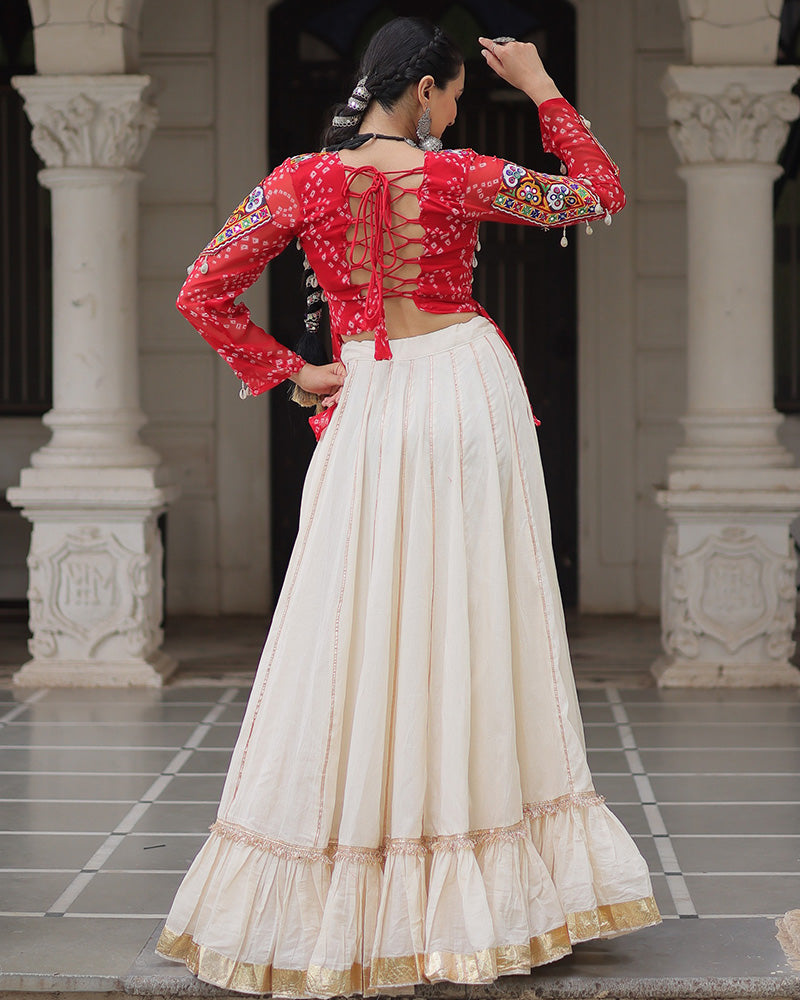 Vibrant Gamthi Work Red Kediya With Off-White Traditional Lehenga