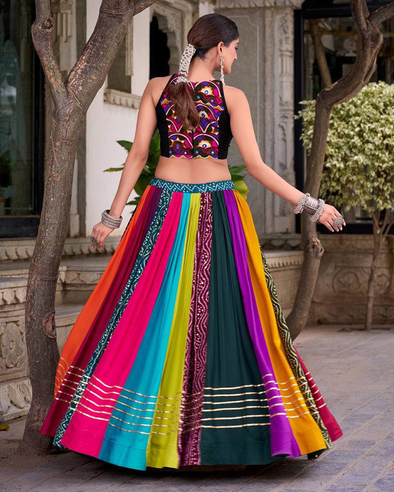 Multi Color Pure Rayon Navratri Lehenga With Black Choli