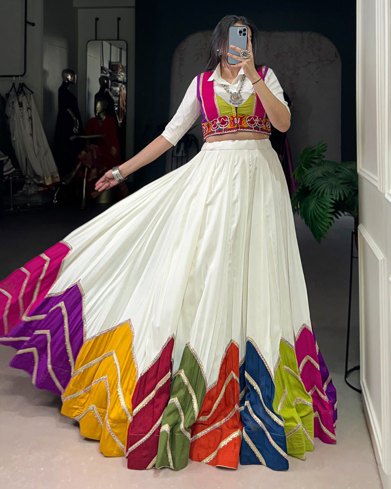 White Rayon Navratri Lehenga Choli WIth Multicolor Border
